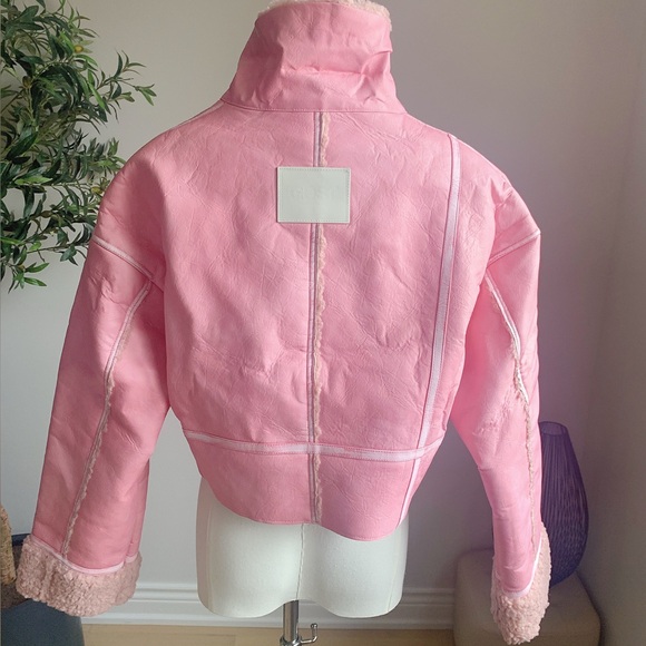 Pink Cropped Faux Leather Sherpa Jacket NWT L - Picture 3 of 9